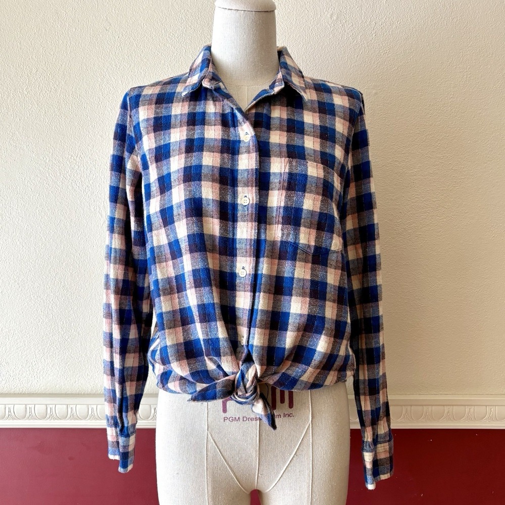 Madewell Plaid Tie Front Flannel Top Women's S Blue Pink 100% Cotton Cowgirl